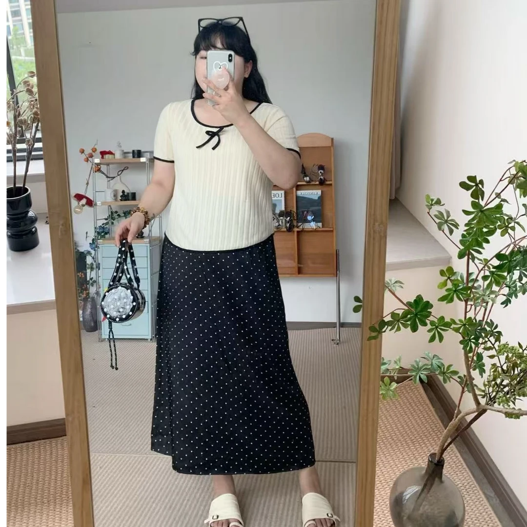 【鱼白专属】胖mm大码女方领镂空短袖上衣半身裙两件套A1407+21611