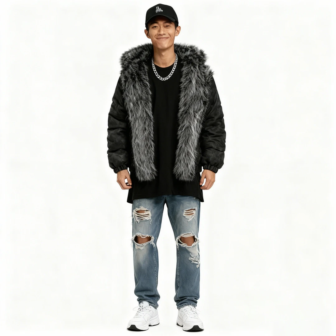 美式复古时尚保暖大毛领连帽棉服外套磨砂哑光皮质夹克棉衣中性冬