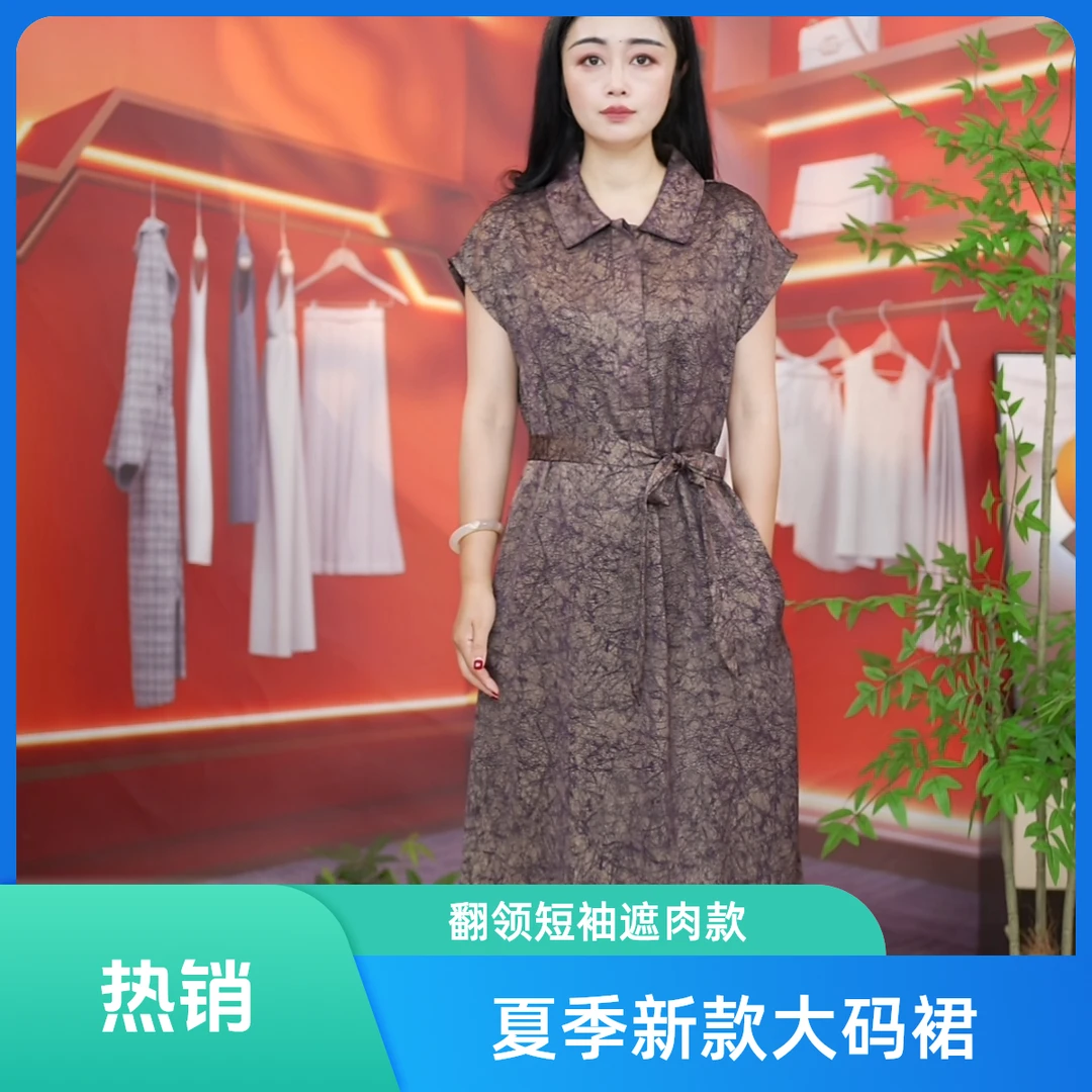 2025夏季新款翻领显瘦碎花短袖长裙遮肉百搭大码气质修身连衣裙