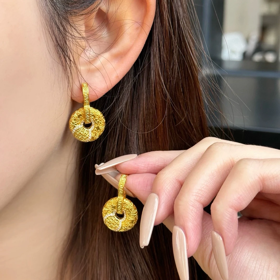 铜合金耳饰 宏泰大喜新中葫芦耳环女款鎏金錾刻国风福禄耳饰