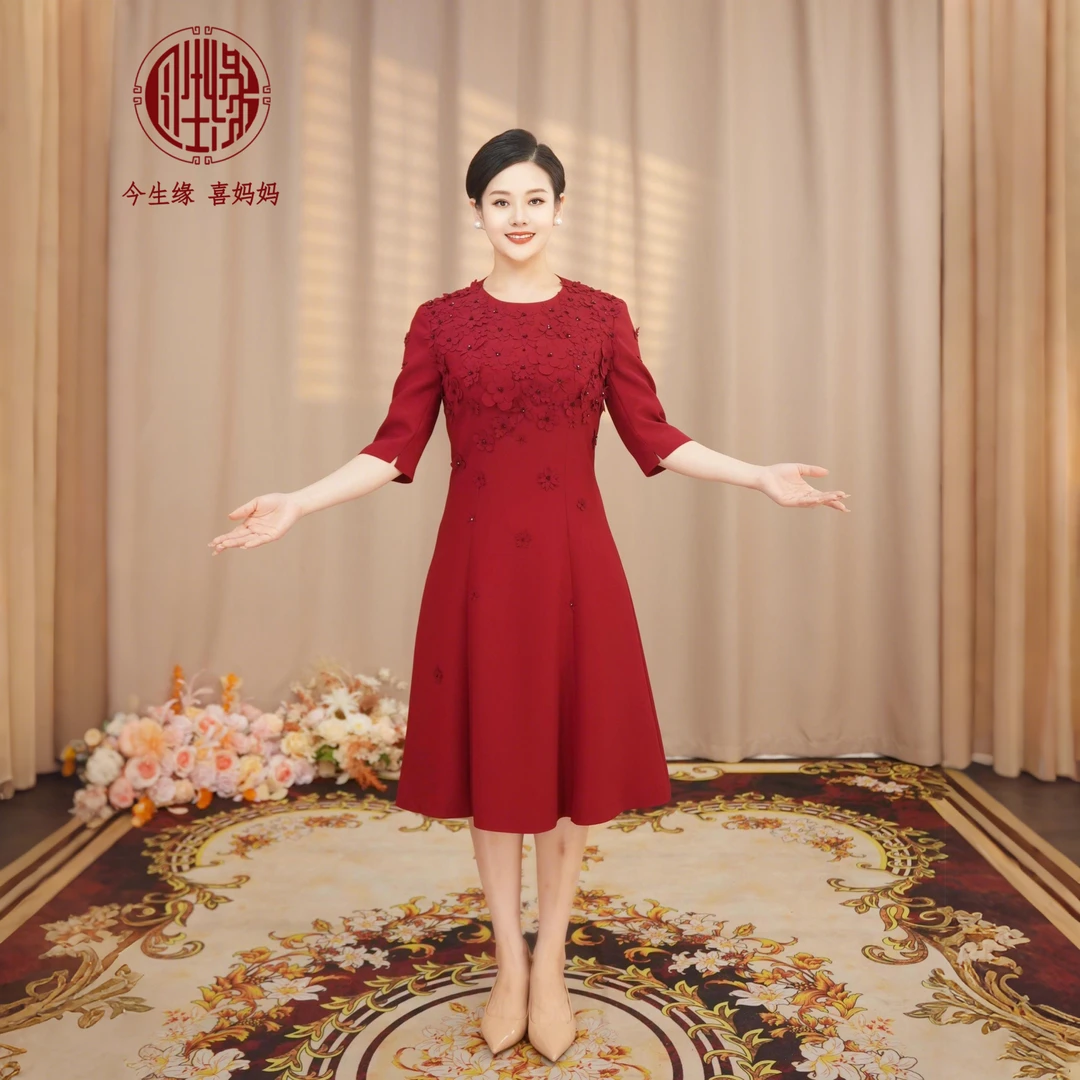 今生缘喜妈妈【心花怒放】时尚新款气质显瘦百花喜婆婆婚礼服酒红色