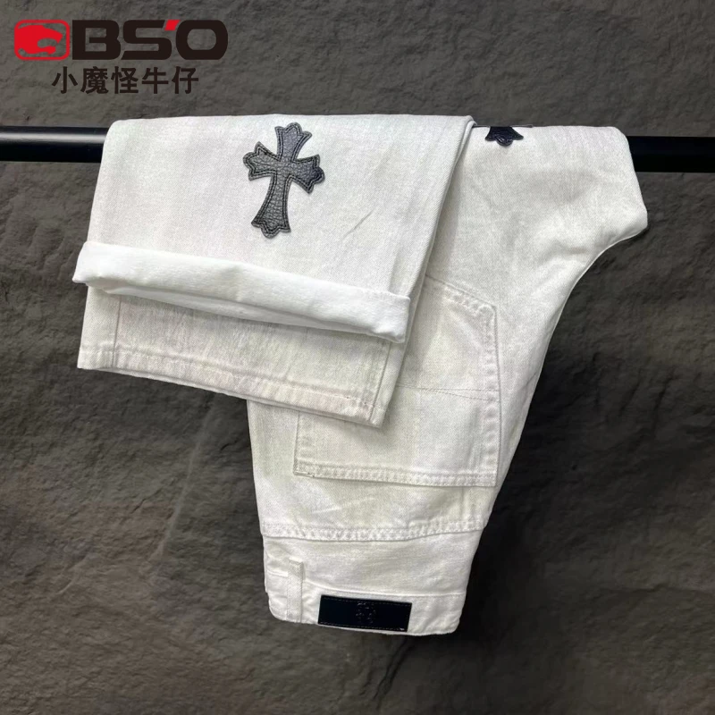 小魔怪2025春季新款十字架拼皮牛仔裤男款美式高街潮牌宽松直筒裤