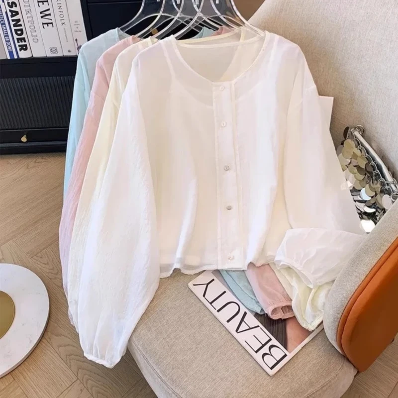 2025夏季新款法式圆领韩版衬衫薄防晒衣外套女吊带背心两件套装