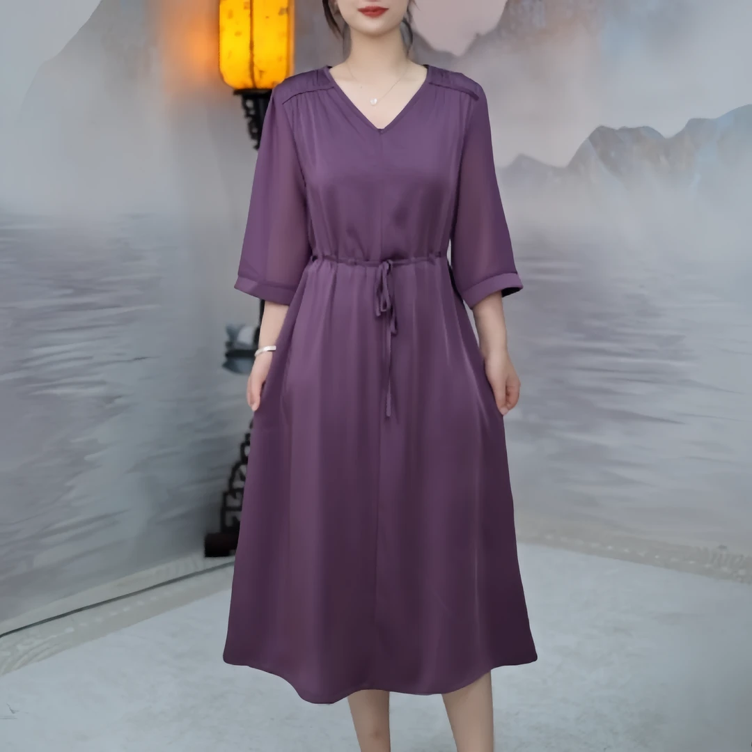 4169    V领套头中袖夏季连衣裙长裙时尚紫色宽松百搭女士