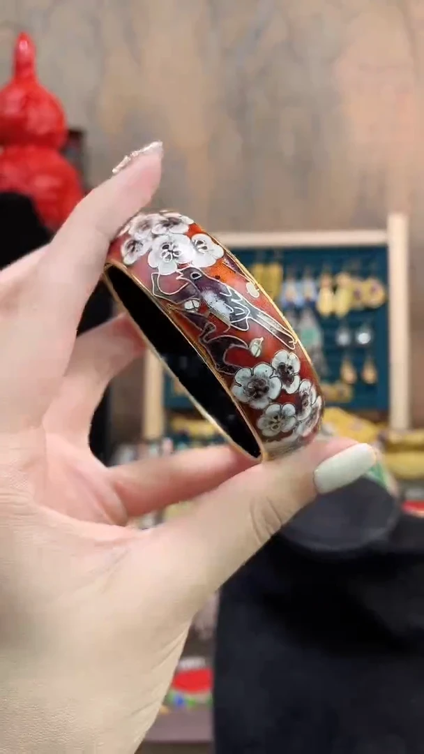 非遗手工景泰蓝开口银蓝镯子红色