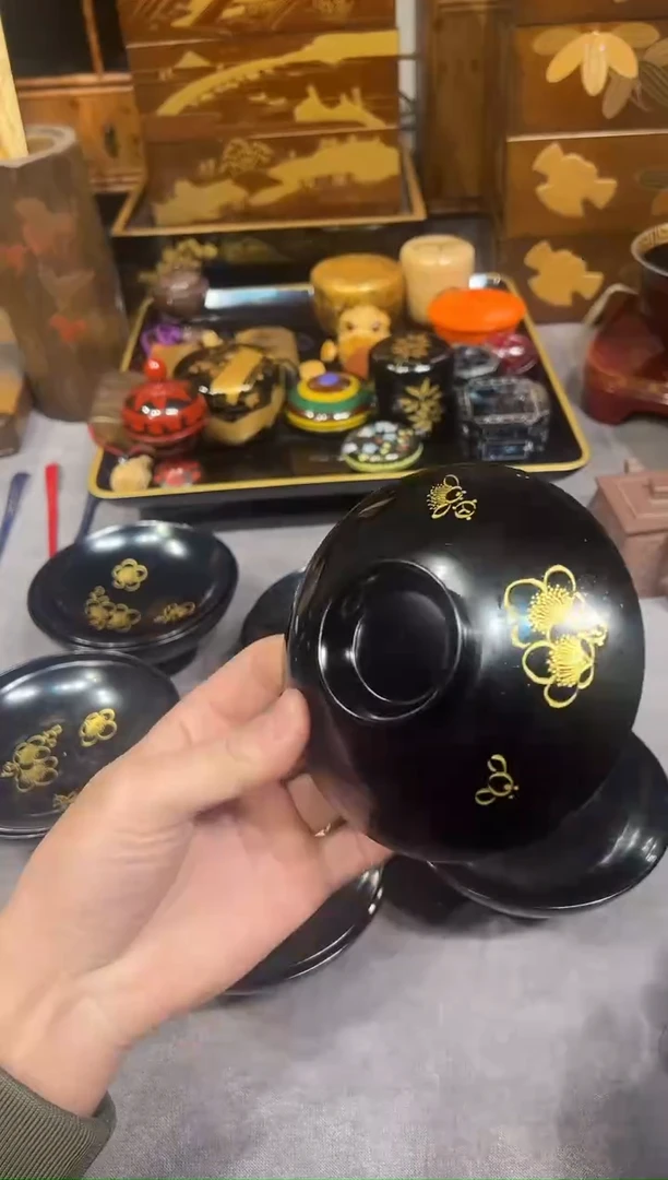 盖碗摆件套组大漆漆器大漆漆器5只