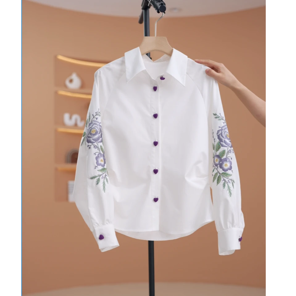 【菲儿】重工刺绣衬衫女春季2025新款上衣打底衫白色衬衣HK-Y14994