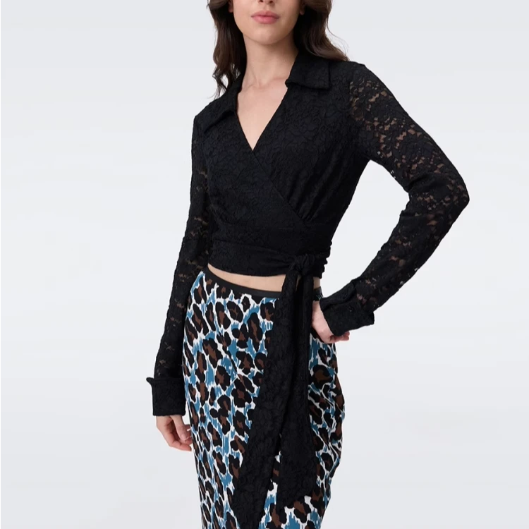 葭恩DF家25新款曜石黑弹力蕾丝裹身上衣0897