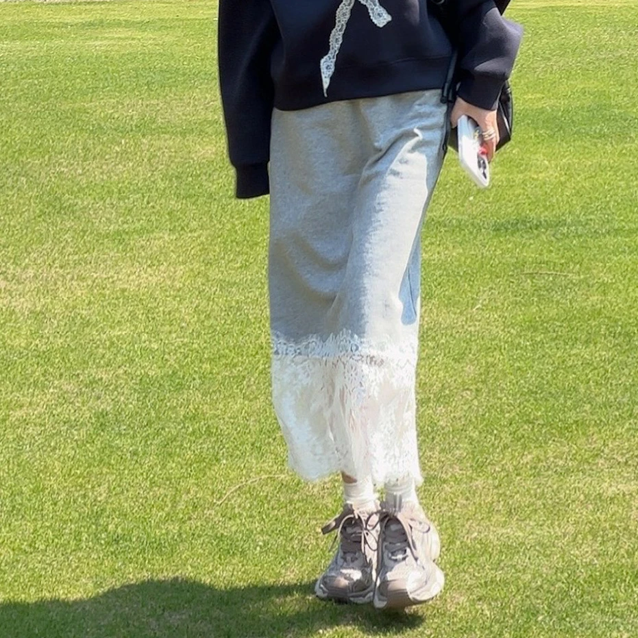 LYXZ x 大小与【晨雾扶纱】春季新款时尚百搭腰松紧拼蕾丝半裙76638