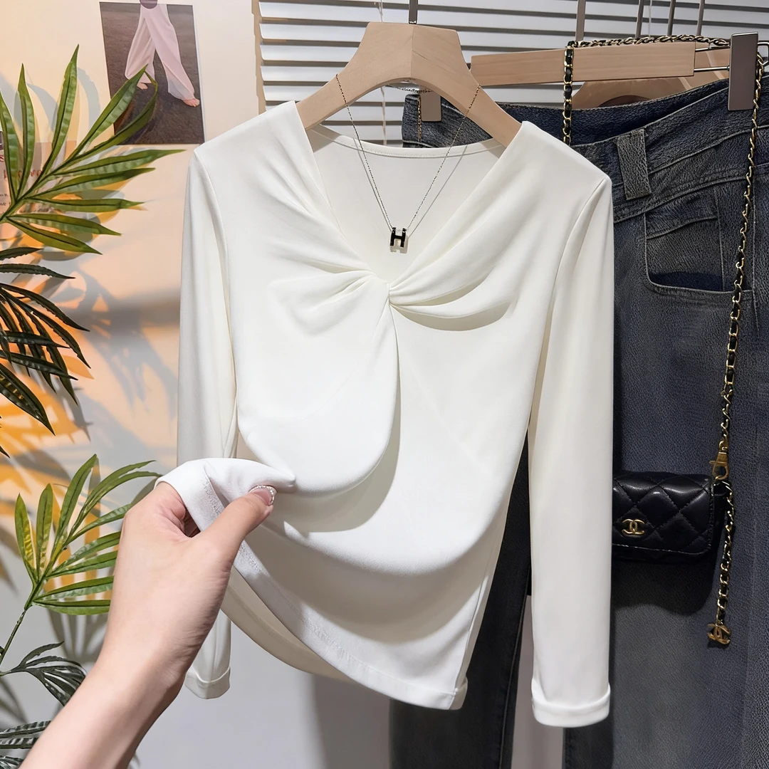 2025新款扭结设计感打底修身显瘦白色螺纹V领长袖t恤女春秋