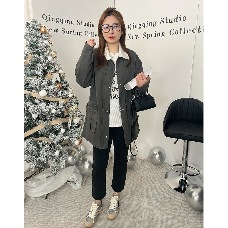 青青·STUDIO〖工装风衣〗春款翻领显瘦中长款工装风衣QS25021