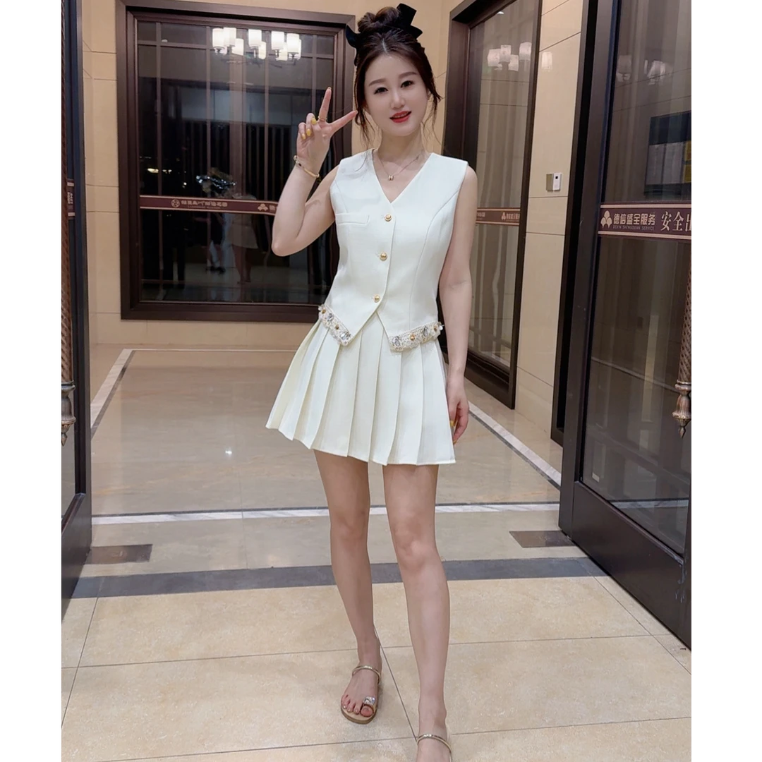 夏季通勤简约时尚短款百褶裙洋气女套装法式显瘦修身小个子小香风