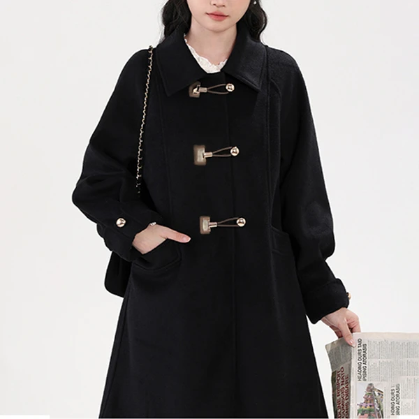 HSTYLE/韩都衣舍时尚羊毛大衣女金属扣宽松小个子韩系大衣25029