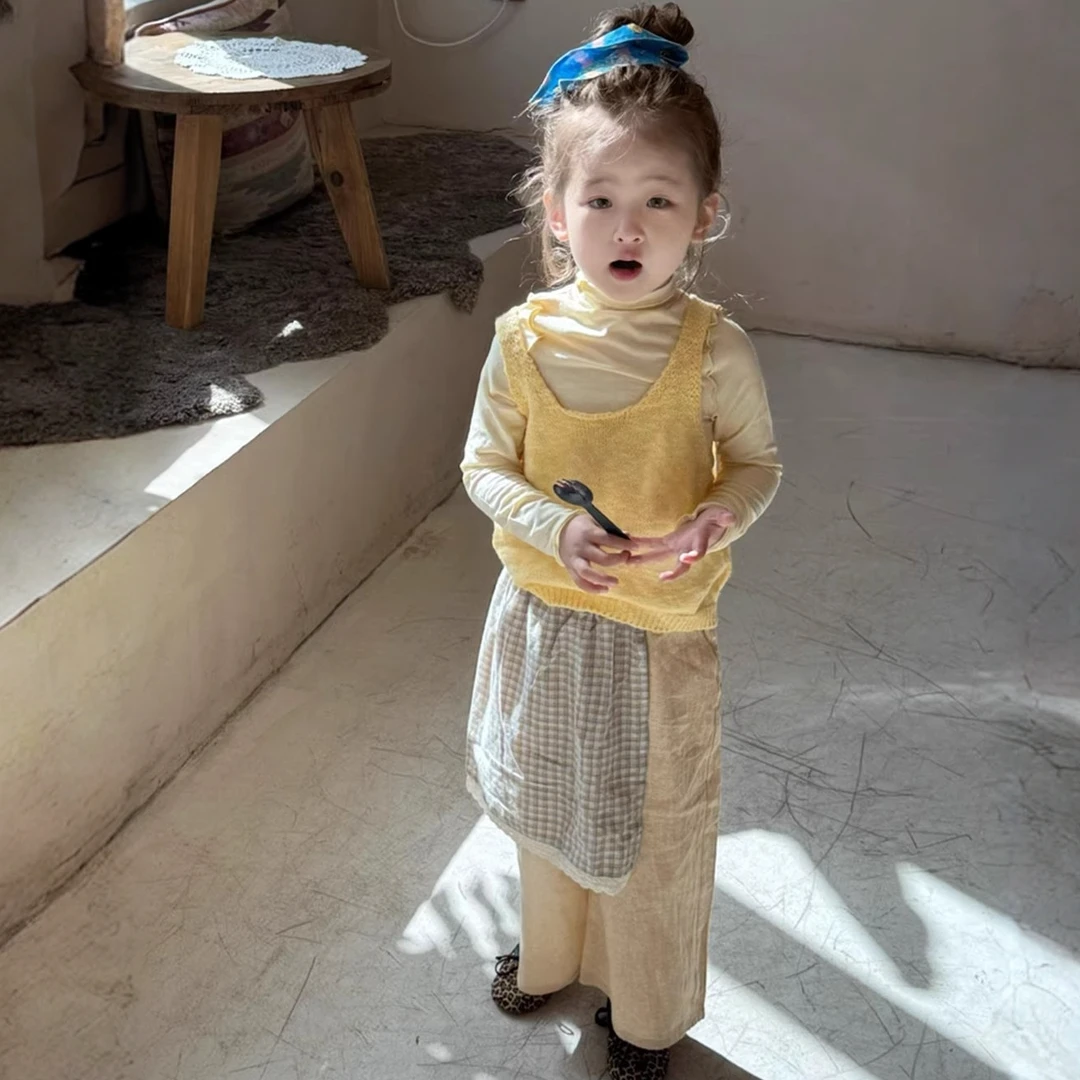 女童2025秋季新款韩版洋气休闲针织吊带马甲打底上衣屁帘长裤套装