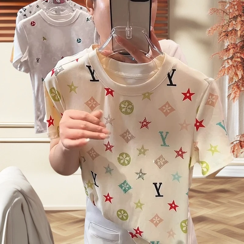 时尚简约字母刺绣印花短袖T恤2025夏季新款洋气圆领时尚百搭上衣