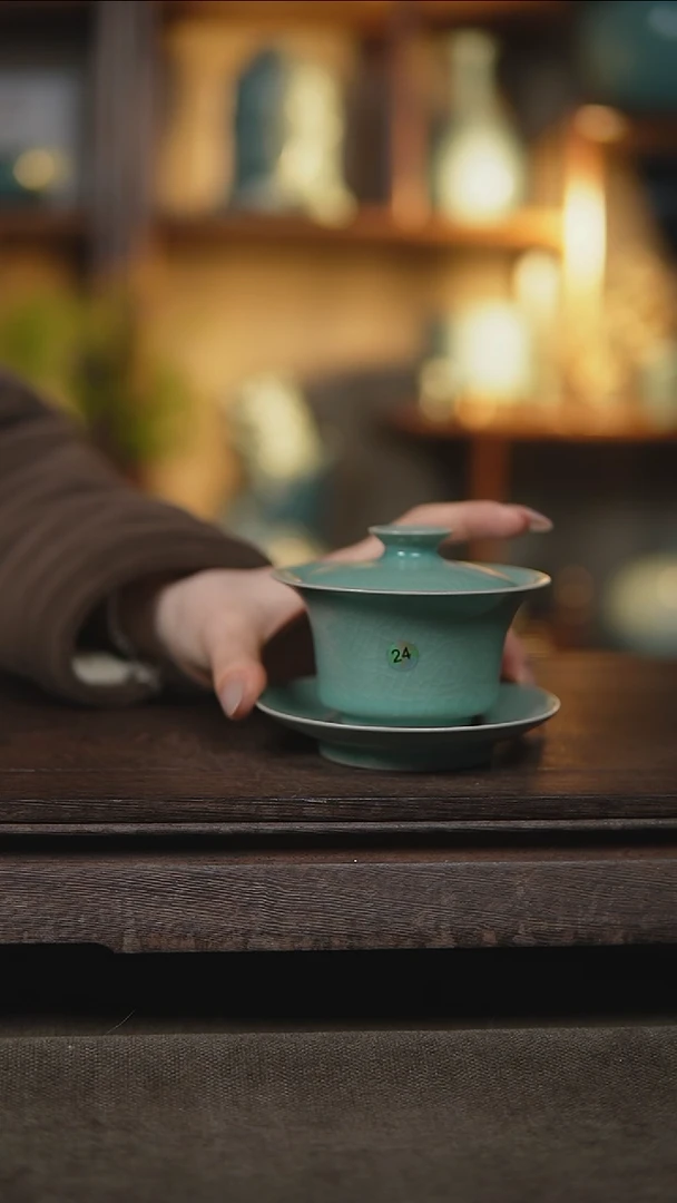 【闪购商品】杯仿古翡翠绿三才马蹄盖碗瑕24