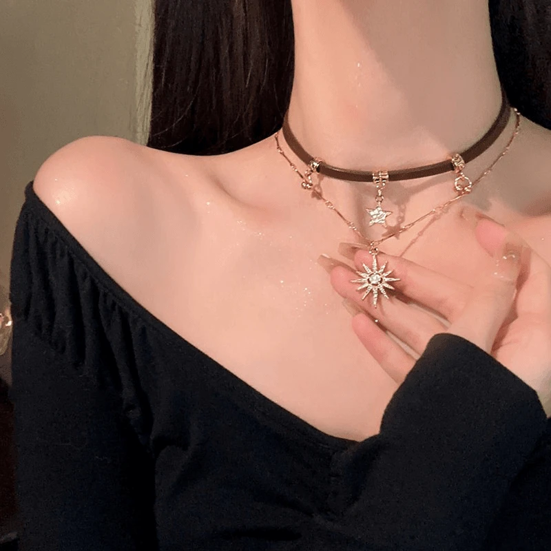 铜合金皮质项链 甜酷美拉德星芒项链美式复古choker锁骨链ins颈链