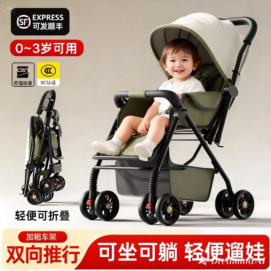 婴儿车推车可坐可躺轻便折叠四轮手推车一键收车遛娃神器