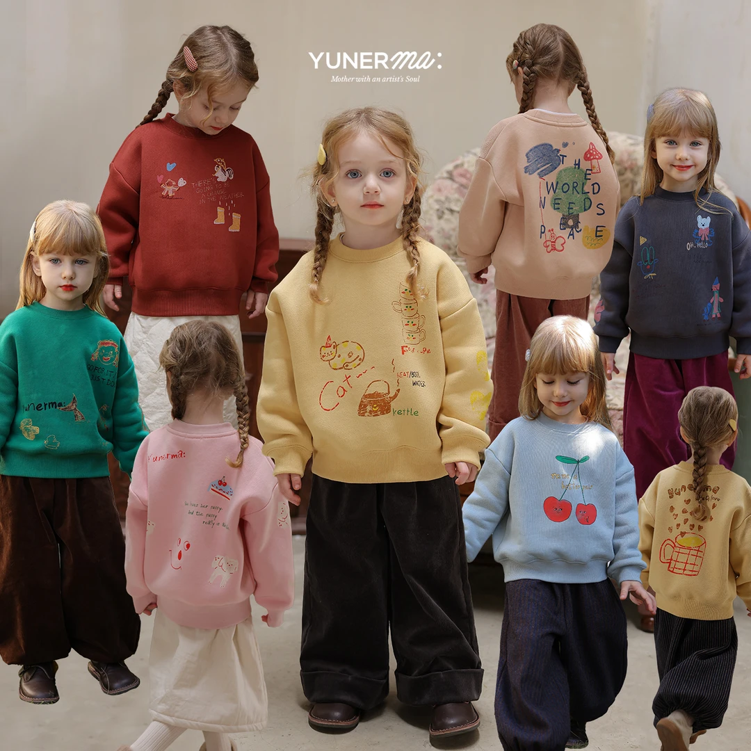 【原创插画师合作款】允儿妈女童秋冬加绒卡通圆领卫衣宝宝套头衫