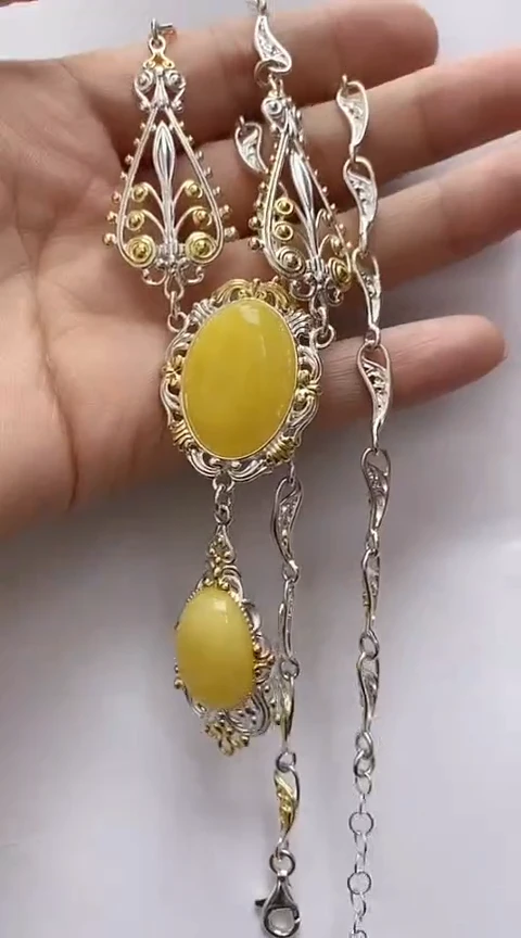 【闪购商品】琥珀裸石银S925镶嵌蜜蜡项链