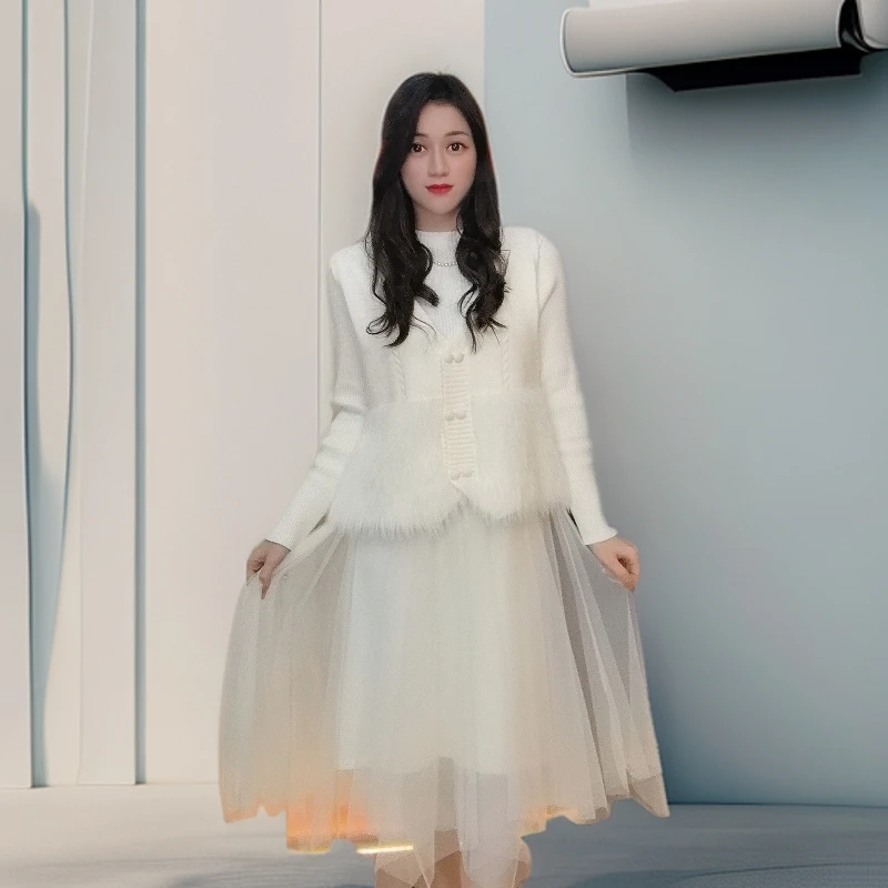 法式流苏麻花高级感外搭针织马甲背心连衣裙网纱套装