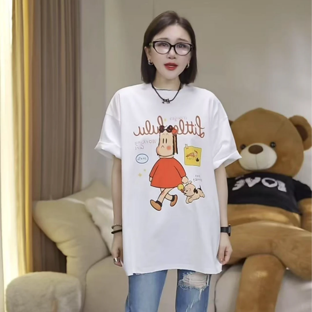 JW/静稳2025时尚宽松休闲圆领女款减龄短袖创意图案T恤5551119