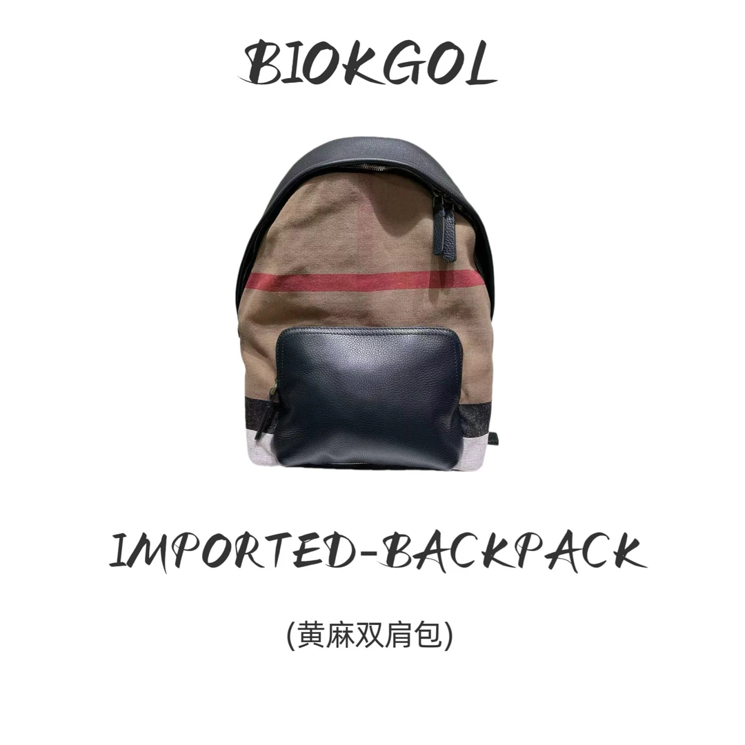 BIOKGOL/百顾原创设计  高定真皮   黄麻格子双肩包     9174