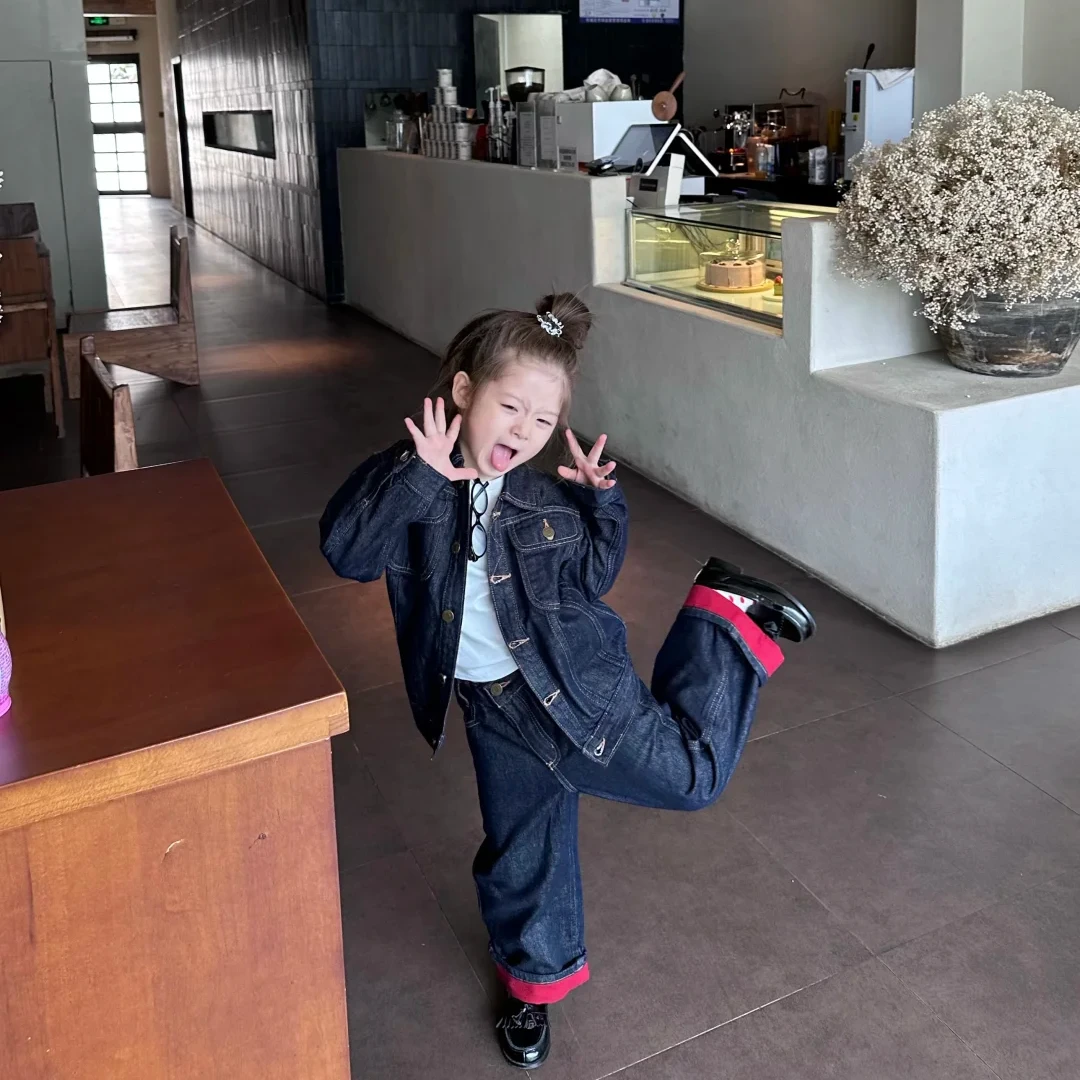 壹妈韩版童装女童秋冬套装洋气儿童时髦翻领牛仔外套裤子两件套潮