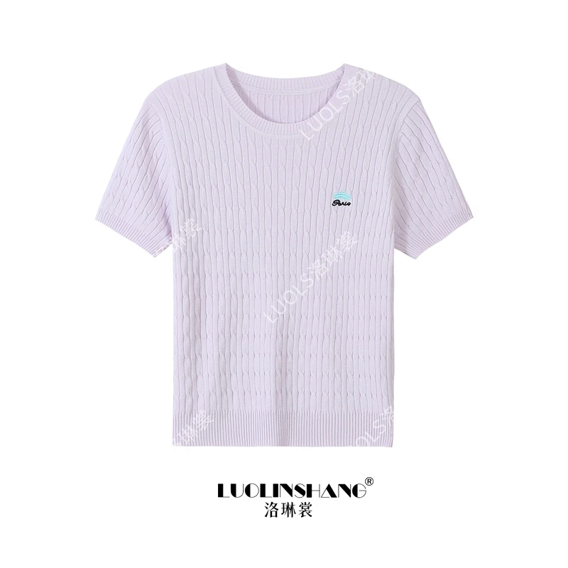 2025夏季新款冰丝麻花刺绣针织短袖T恤宽松薄款百搭显瘦圆领上衣