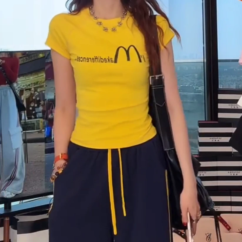 设计感薄荷曼波M家字母印花短袖T恤女2025早春新款简约短款上衣