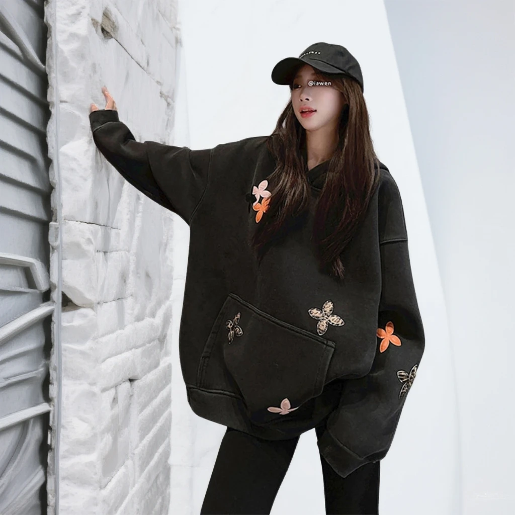 街头风套头刺绣连帽卫衣男女特大码300斤慵懒风复古加绒情侣长袖