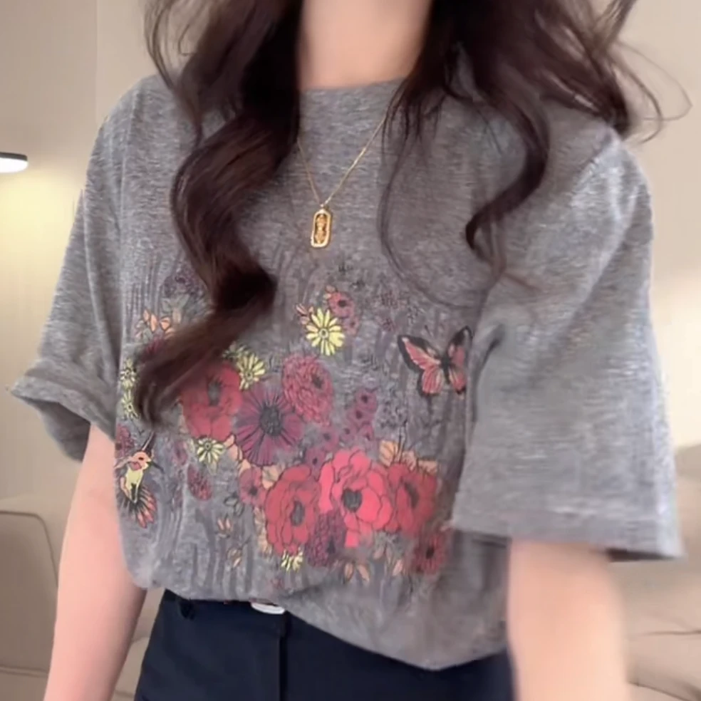设计感蝴蝶花朵印花圆领短袖T恤女2025新款春夏韩范时尚洋气上衣