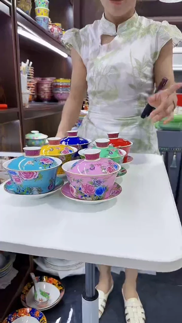 瓷片珐琅彩三才功夫茶盖碗6套景德镇