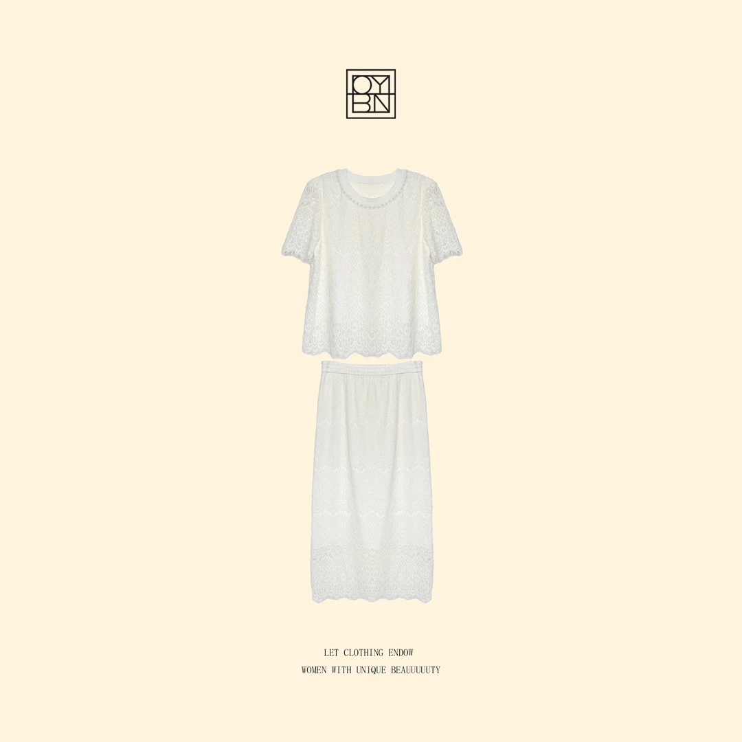 OYBN欧阳贝妮【微风掠过】微胖大码蕾丝短袖T恤半身裙两件套1917