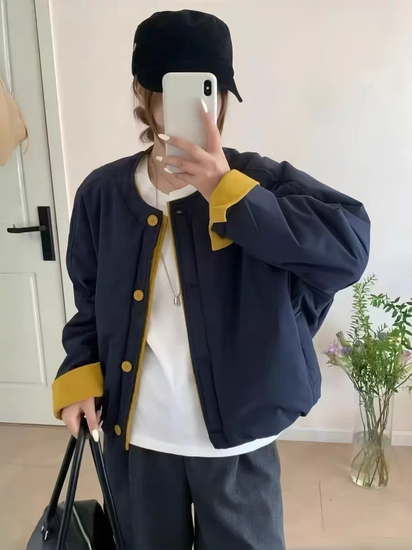 冬季厚款外套小个子韩系女士拼色棉服短外套女棉衣棉服休闲上衣