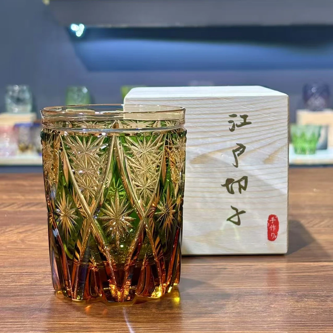 双十一活动 双色烟花江户切子手工雕刻威士忌酒杯耐热茶杯