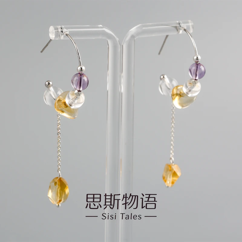 思斯原创【紫韵鎏金】耳圈黄水晶紫水晶白水晶设计款银饰耳圈