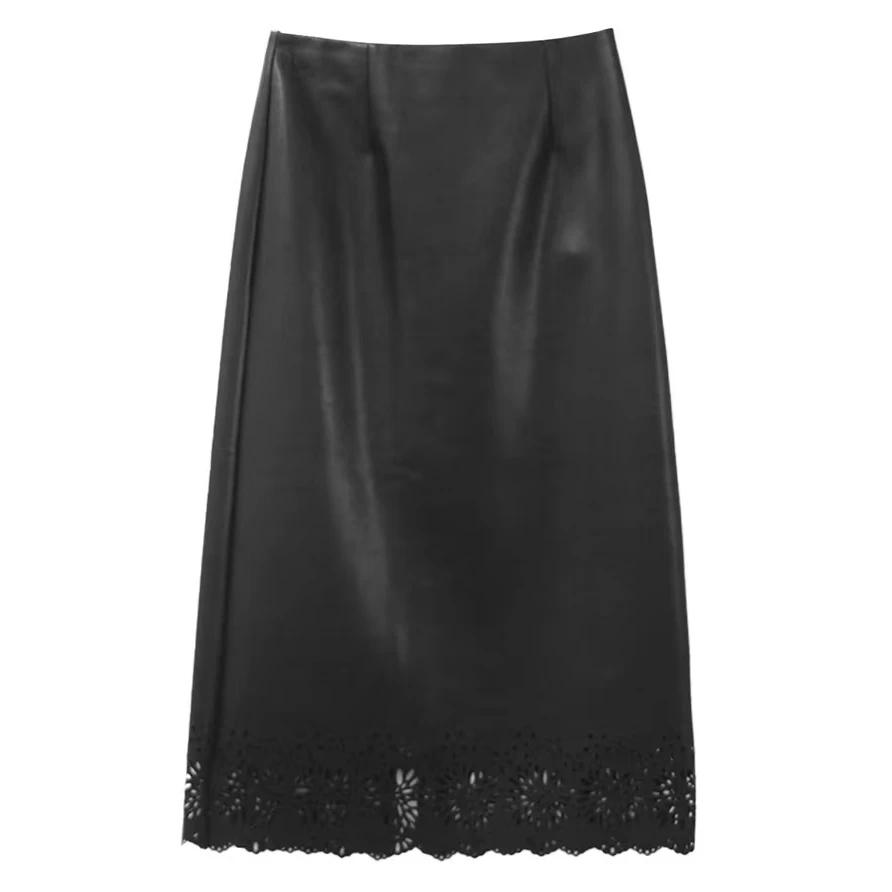 【皮裙】秋冬加绒设计师款下摆镂空女士洋气中式精致高腰半身裙皮裙