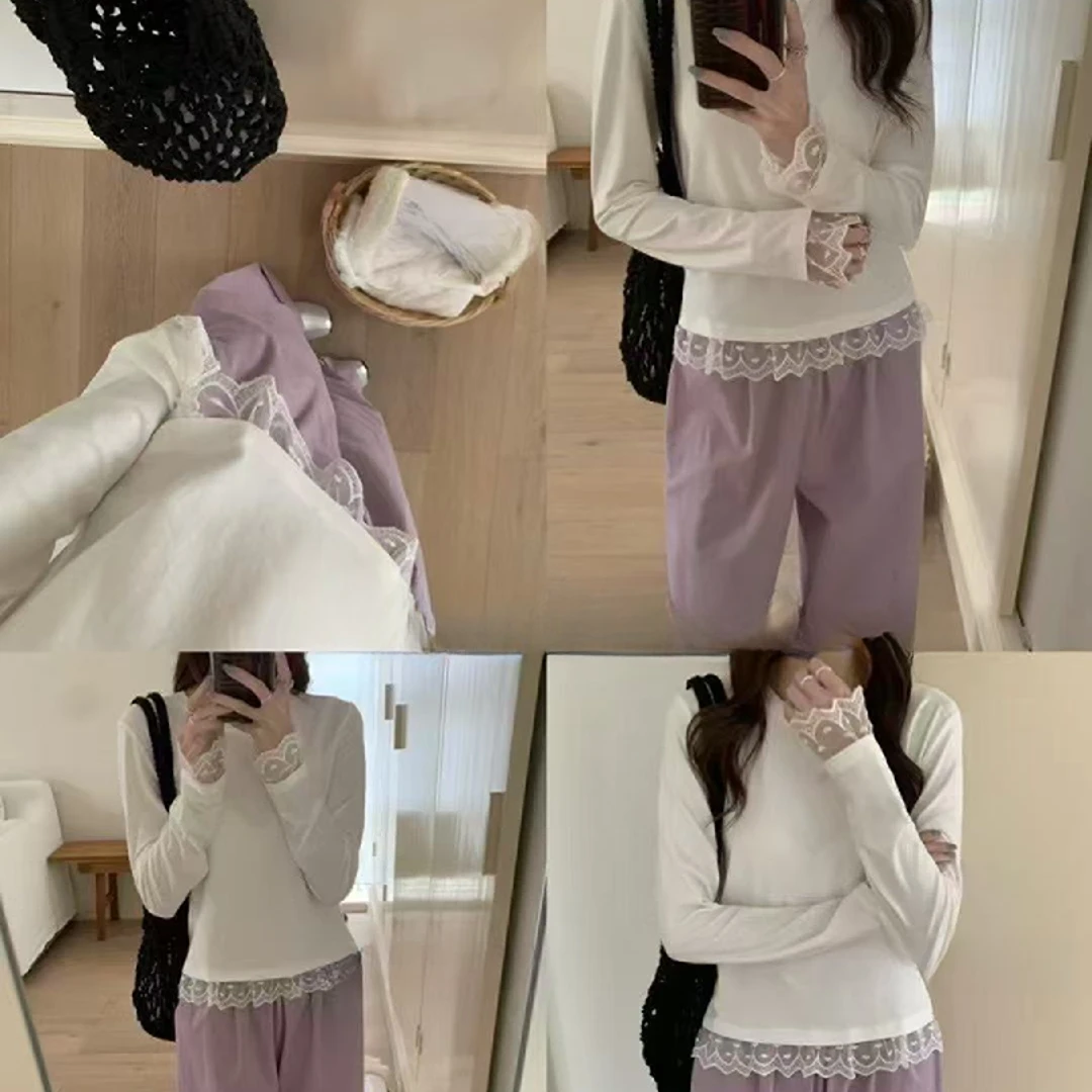 洛/百搭蕾丝边长T