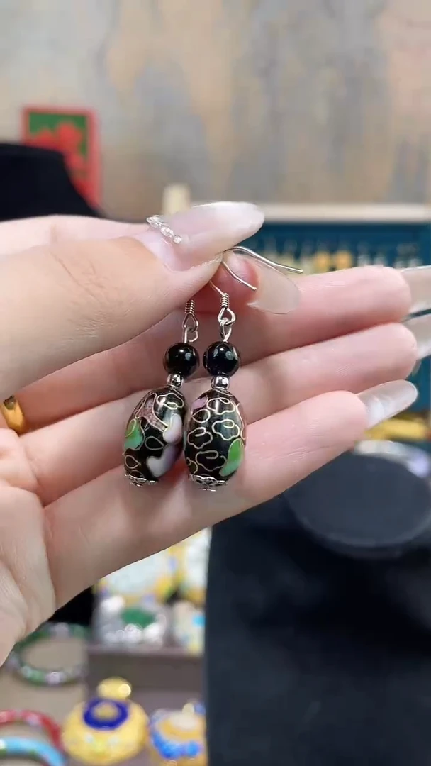 非遗手工景泰蓝耳环枣珠黑色