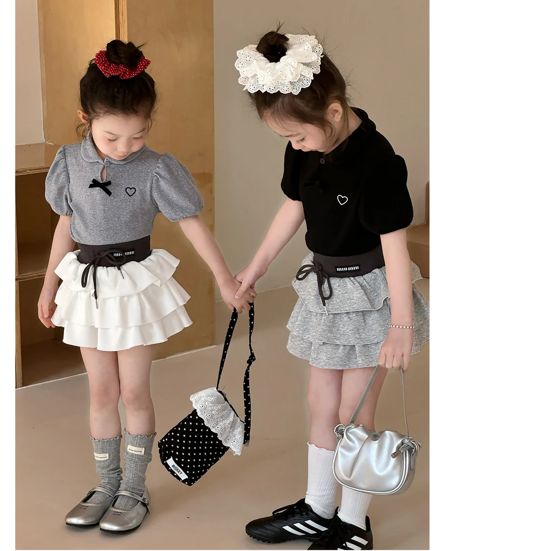 女童2025夏季韩系娃娃领蝴蝶结短袖T恤女宝宝甜美泡泡袖上衣潮