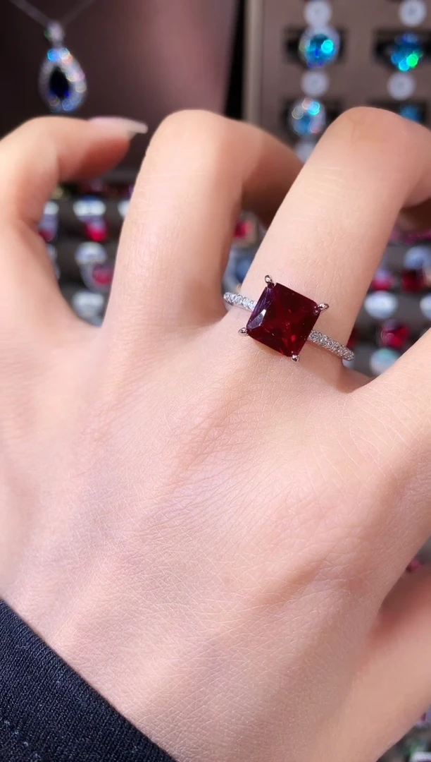 银S925镶嵌戒指红宝石酒红8