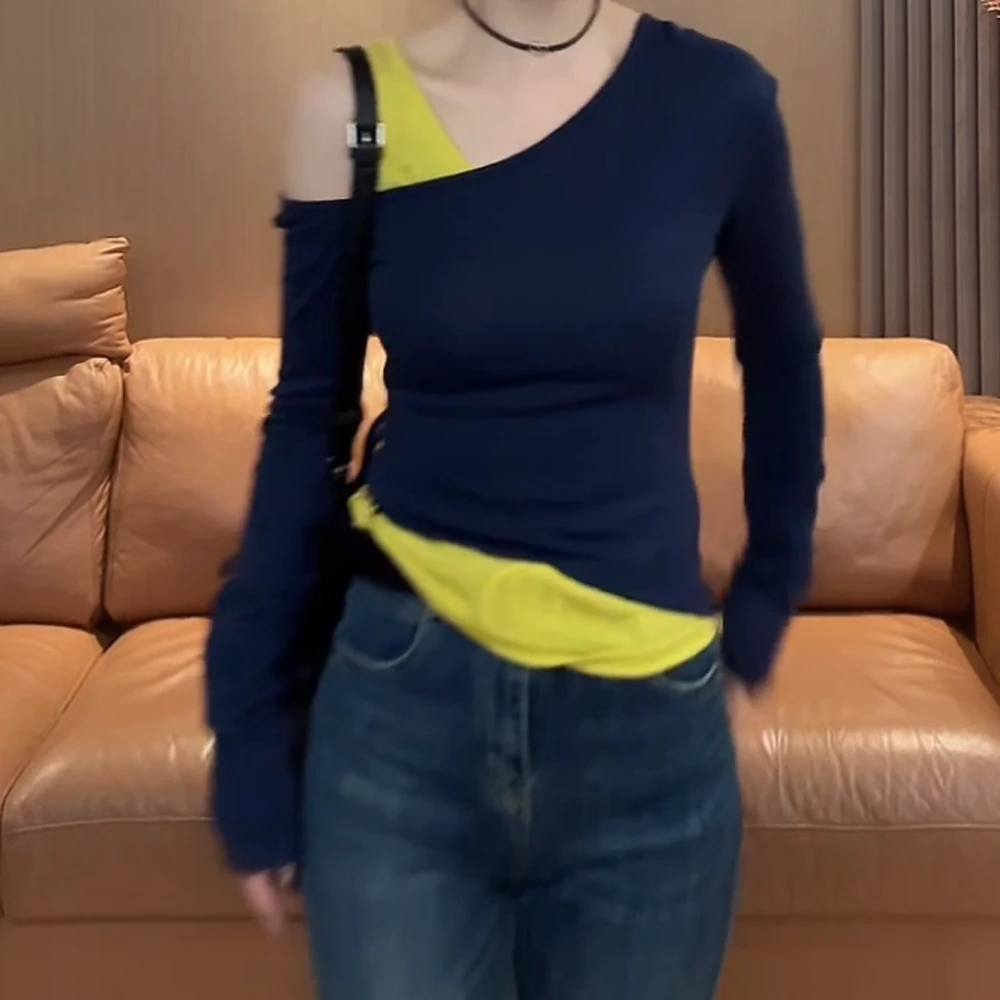 【伯斯尤物】春季上新气质时尚百搭拼接假两件露肩修身显瘦长袖T恤