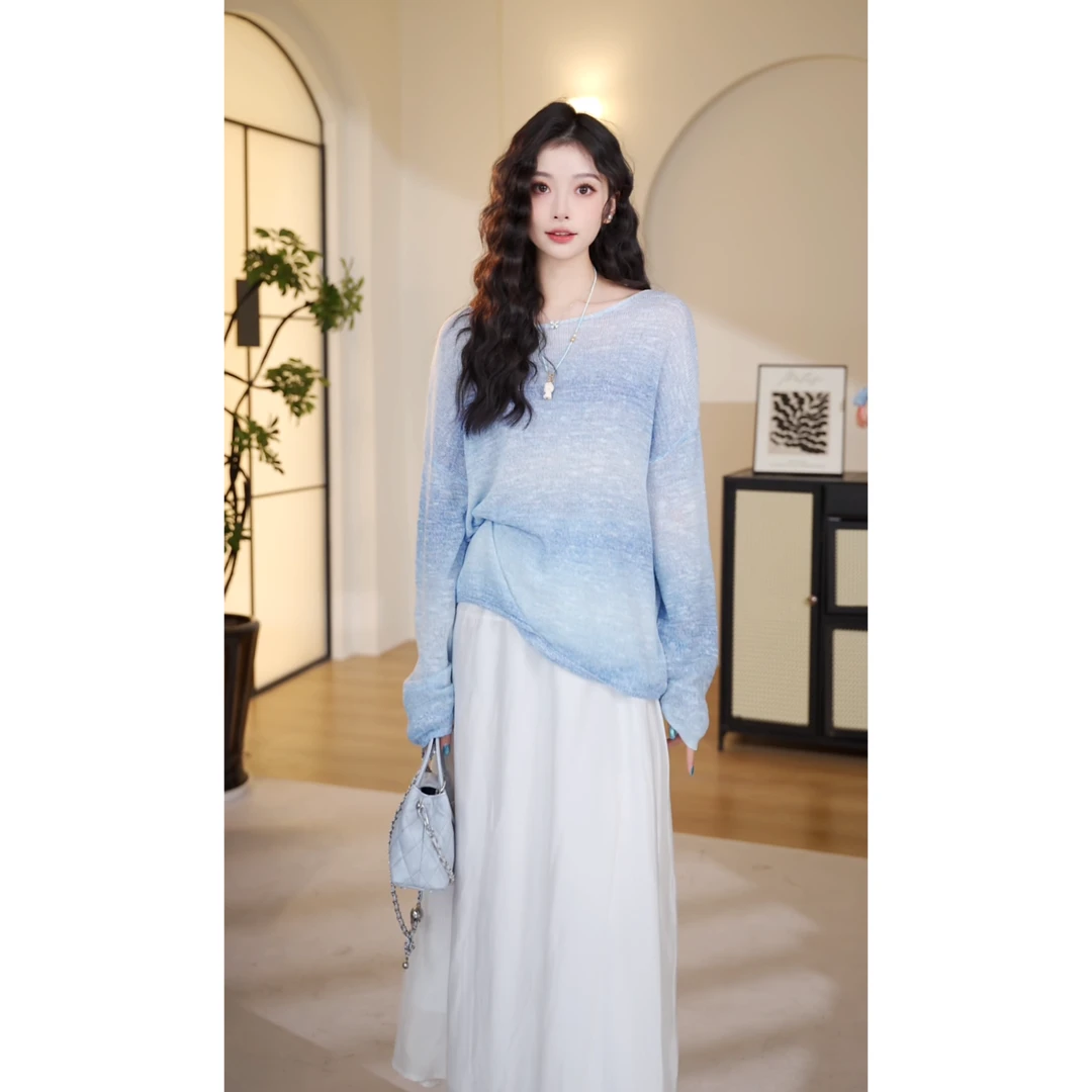 【Domi】白色温柔风褶皱半裙女2025春夏高腰垂感宽松显瘦长裙