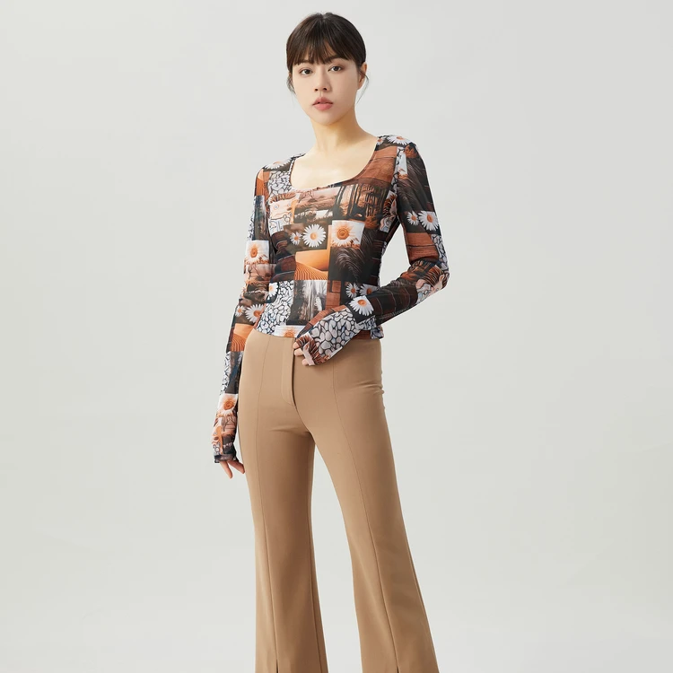 AMASS阿玛施 大U领时尚印花休闲修身长袖5300927印花长袖春夏女士