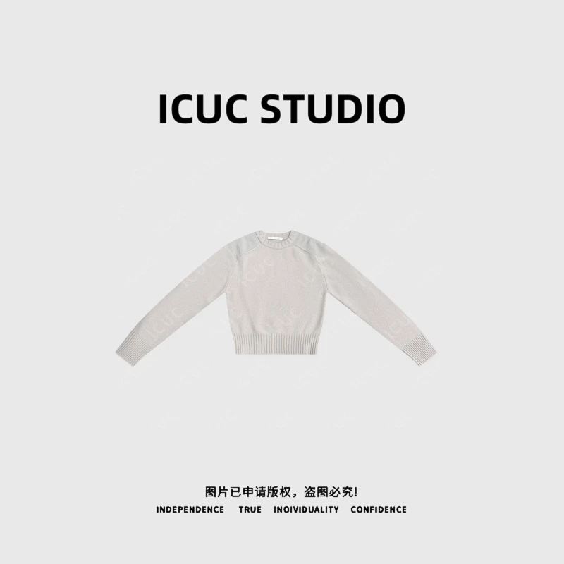 ICUC STUDIO-"质感满满"100%羊毛圆领套头拼接保暖长袖毛衣4907