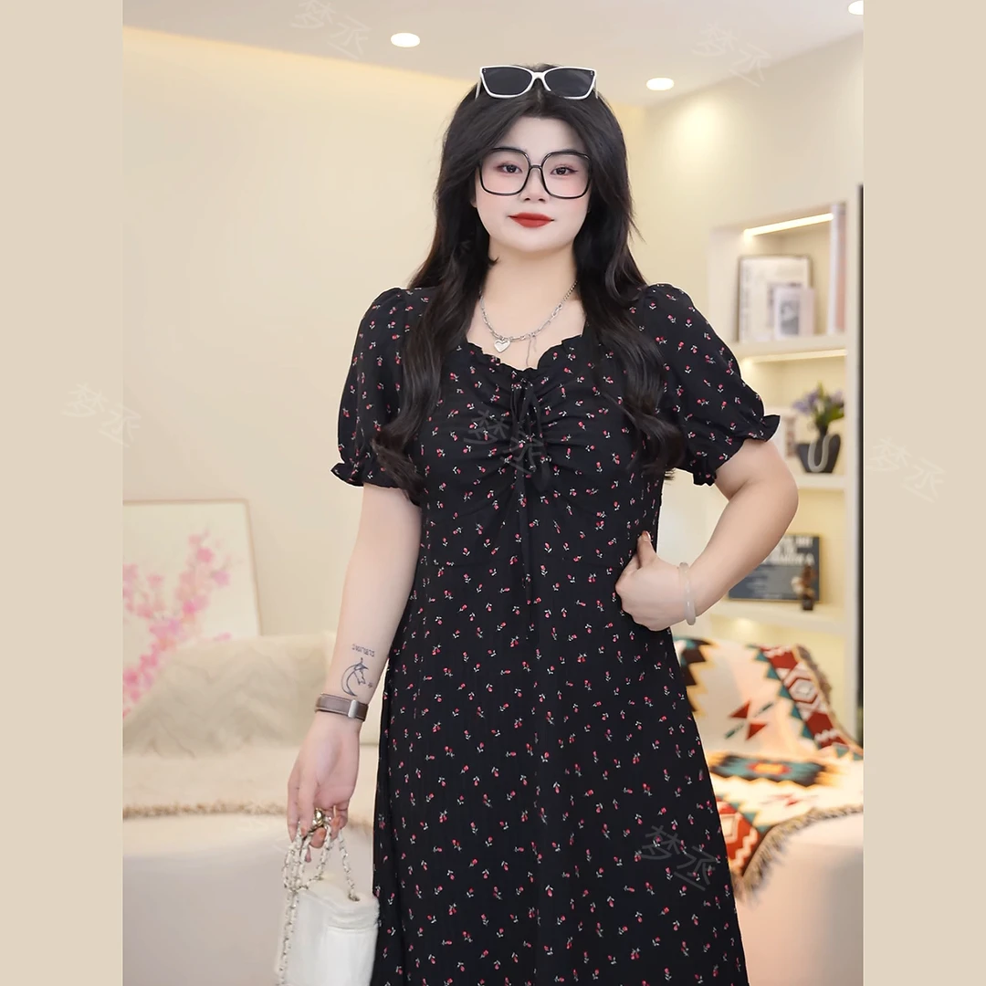 梦丞-大码女装夏季绑带碎花气质长裙宽松时尚显瘦短袖连衣裙女