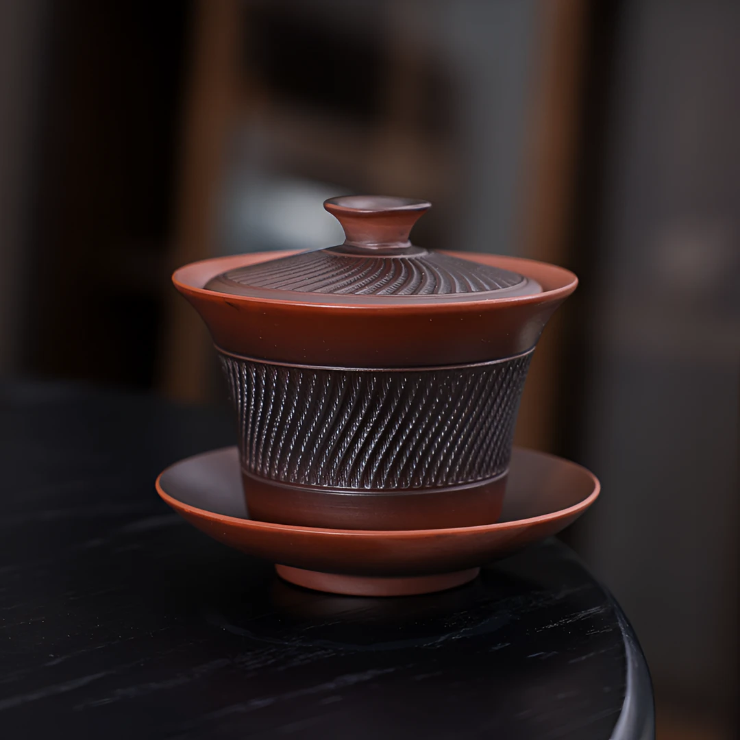 建水紫陶旋转悬停三才盖碗手工雕刻高端功夫茶具陶瓷泡茶碗