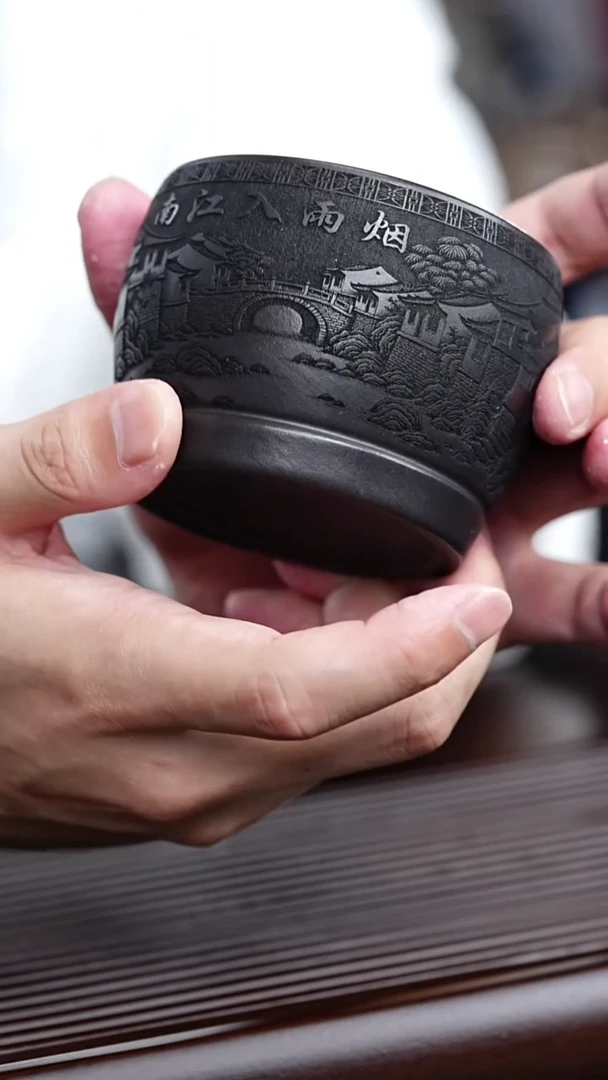 茶壶紫砂宜兴紫砂 石黄浮雕江南烟雨杯 胡兵