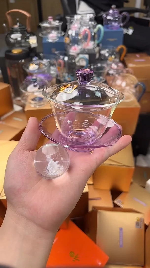 @@禾器晶彩荷叶盖碗浅紫色+玉兔盖置1